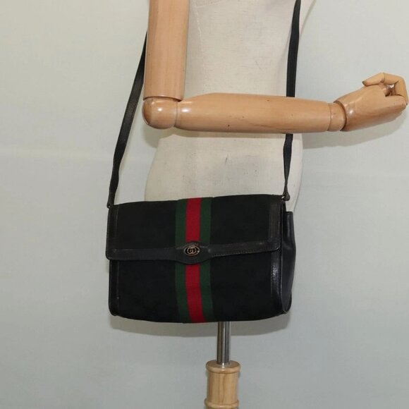 GUCCI GG Canvas Web Sherry Line Shoulder Bag Black Gold - Picture 1 of 15